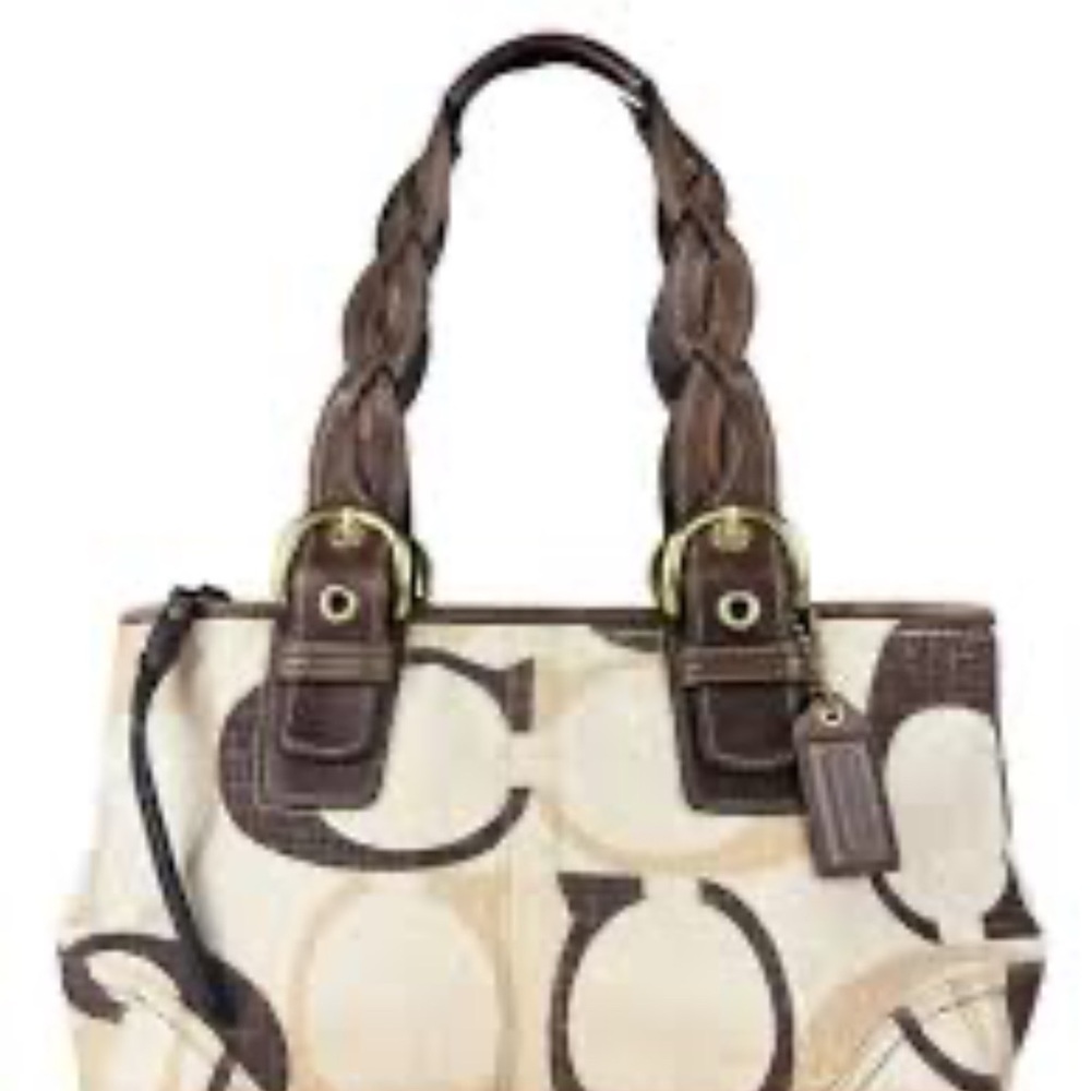 COACH (SET) Y2K TONAL SIGNATURE CANVAS SHOULDER TOTE, Brown & Cream with Wallet - Picture 4 of 13